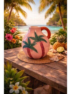 New Pink / Green Tropical Palm Tree Ceramic Jug Flower Vase Pot Room Decor
